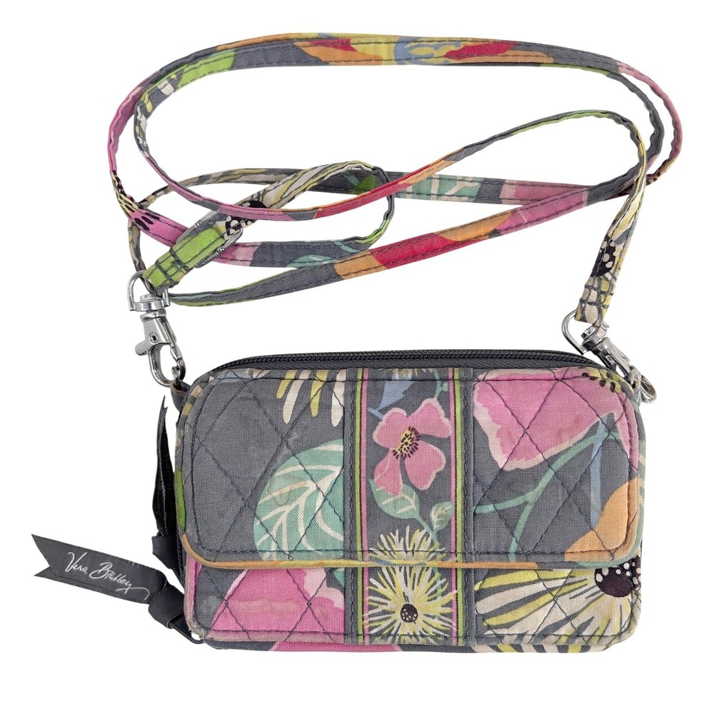 Vera Bradley Jazzy Blooms Crossbody Wallet Grey Pink Floral Quilted Cotton